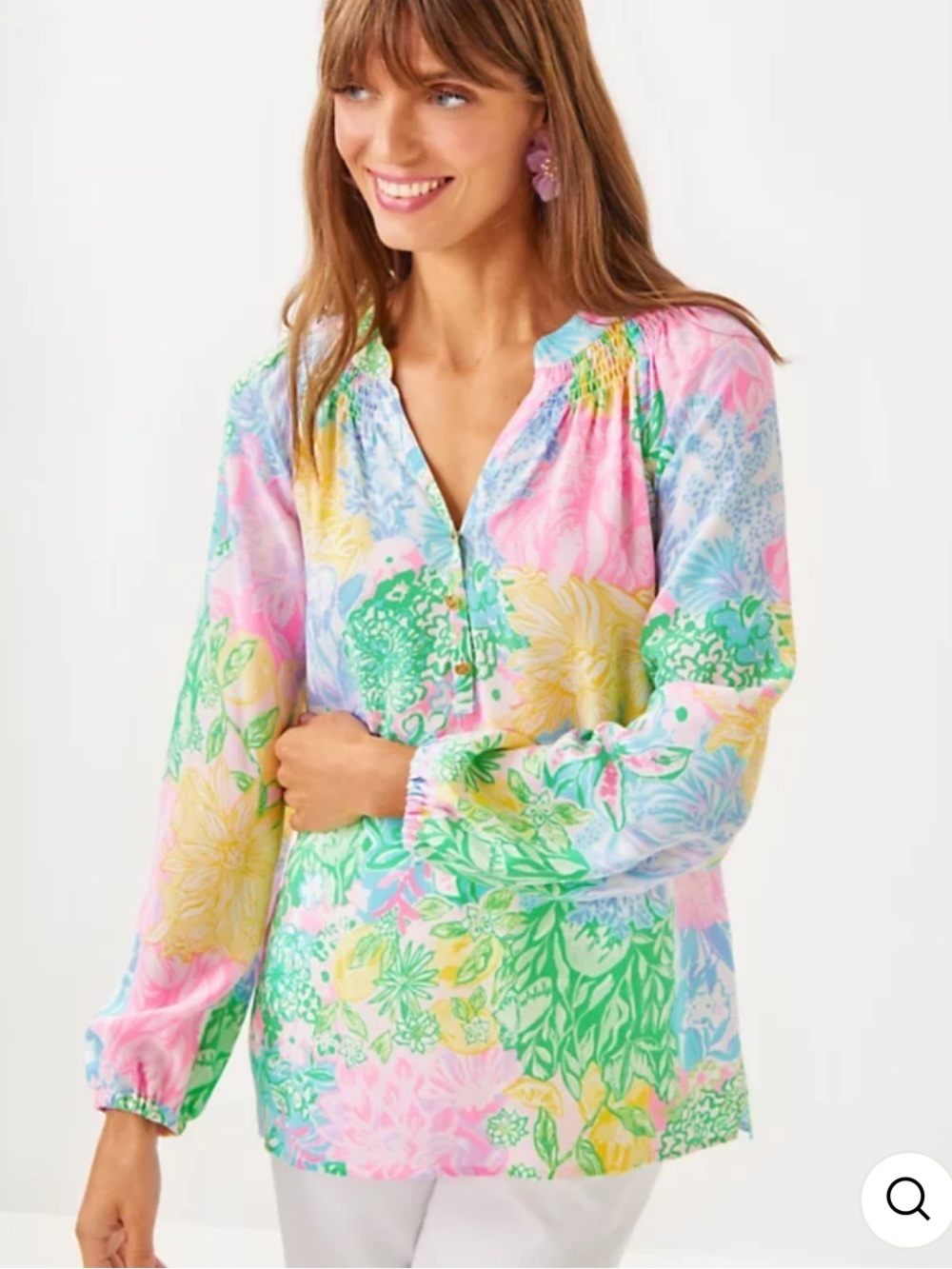 Lilly Pulitzer 100% Silk Blouse Top Delight Pink, Green, Yellow, Blue.  Size L